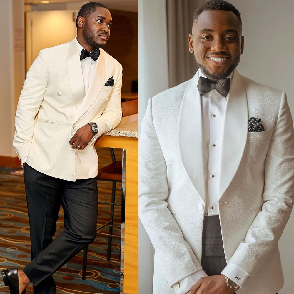 Trajes de caballero blancos con chaqueta de una pieza, esmoquin de diseño entallado con estampado de negocios para bodas y ocasiones formales. 