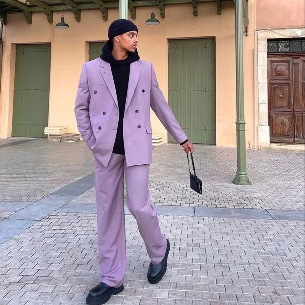 Mens Lavender Double Breasted Blazer and Pants Set with Black Hoodie and Black Beanie