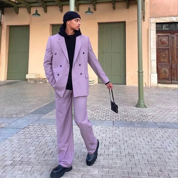 Mens Lavender Double Breasted Blazer and Pants Set with Black Hoodie and Black Beanie