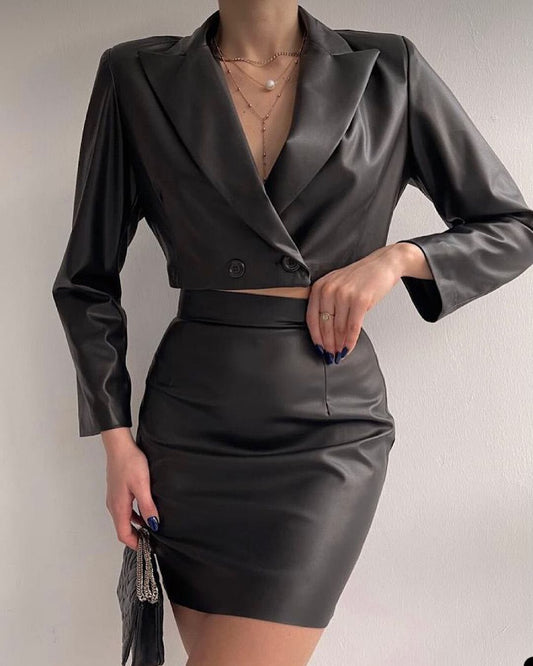 Leather Women Blazer Street Power Dress Suits Leisure Loose Evening Party Robe Outfit Wedding Wear 2 Pieces