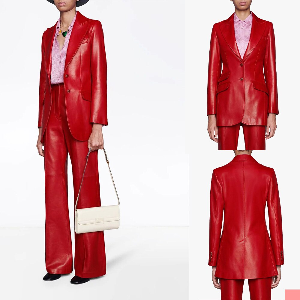 Red Leather Women Blazer Suits Slim Fit Mother of the Bride Tuxedos Prom Party Guest Wedding Wear 2 Pieces