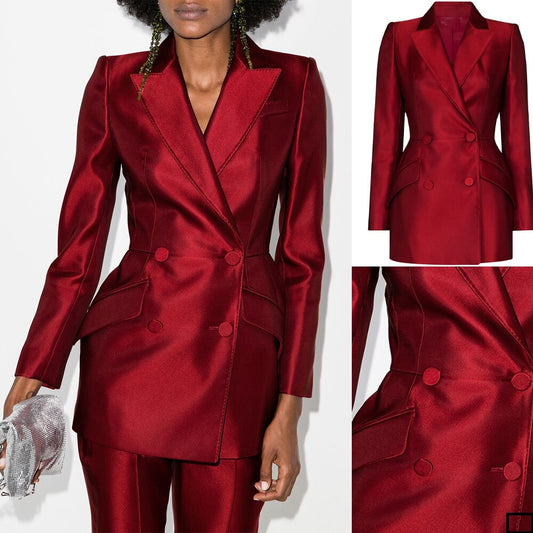 Leisure Red Satin Women Blazer Suits Double Breasted Work Clothes Mother of the Bride Tuxedos Prom Guest Wedding Wear 2 Pieces