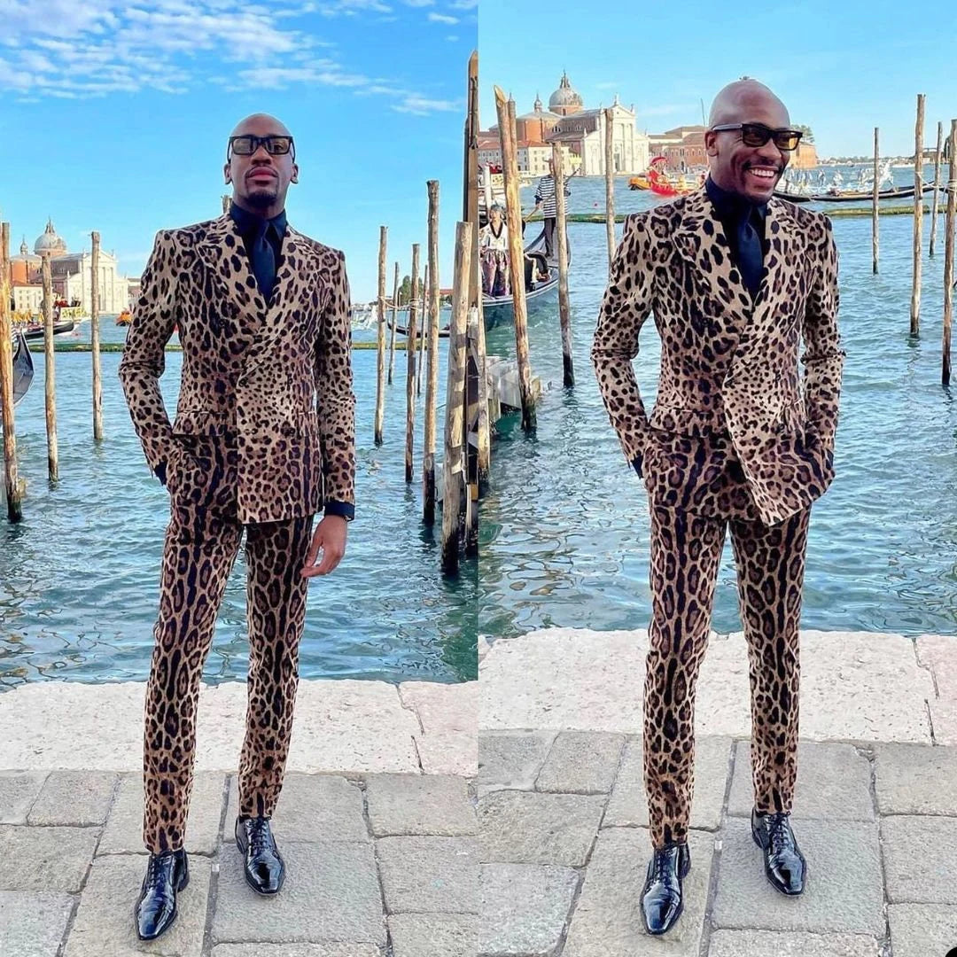 Esmoquin de boda con estampado de leopardo para hombre, solapa de pico, traje formal de negocios para fiesta, chaqueta y pantalón, 2 piezas