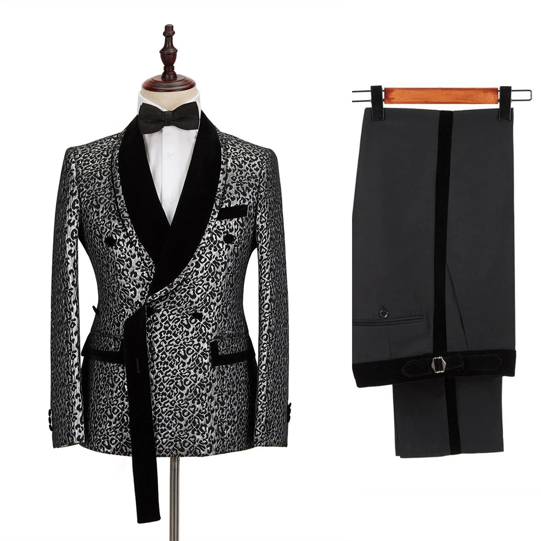 Esmoquin con estampado de leopardo para novio, color plateado y negro, para hombre, 2 piezas, blazer, pantalones, para negocios, boda, graduación, fiesta, hecho a medida.