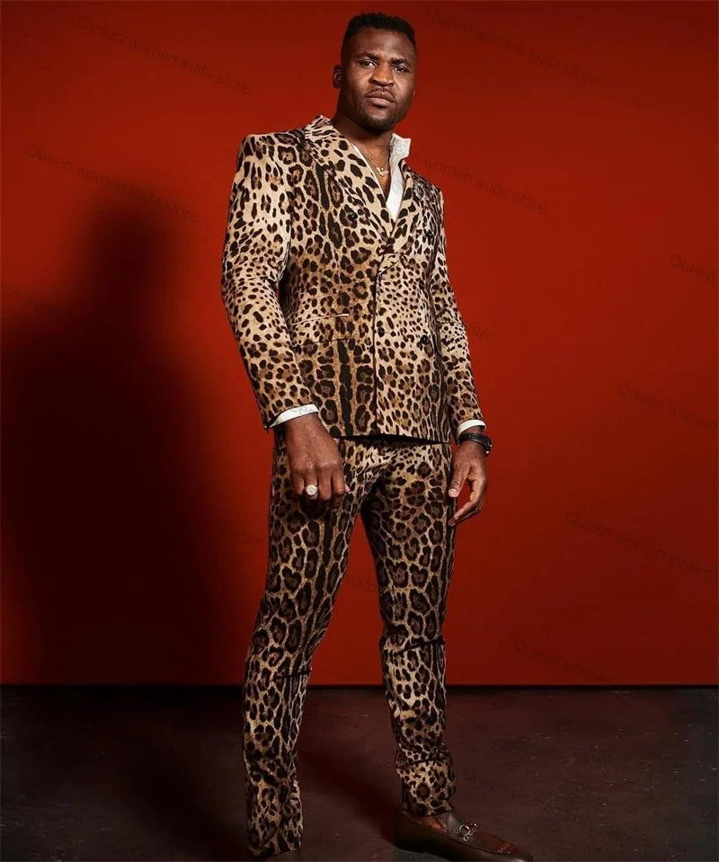 Leopard Velvet 2 Pieces Men Suits Set Brown Wedding Formal Blazer+Pants Custom Made Prom Dress Guest Groom Tuxedo Jacket Coat