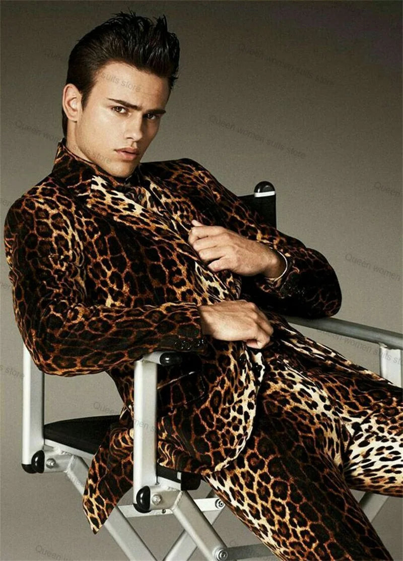 Leopard Velvet 2 Pieces Men Suits Set Brown Wedding Formal Blazer+Pants Custom Made Prom Dress Guest Groom Tuxedo Jacket Coat