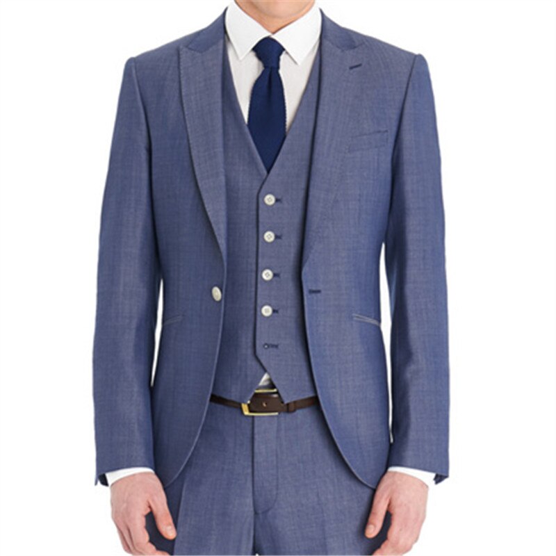 Light Blue Blazer Trousers Men's Suits 3 Pcs (Jacket+Pants+Vest+Tie) Formal Classic