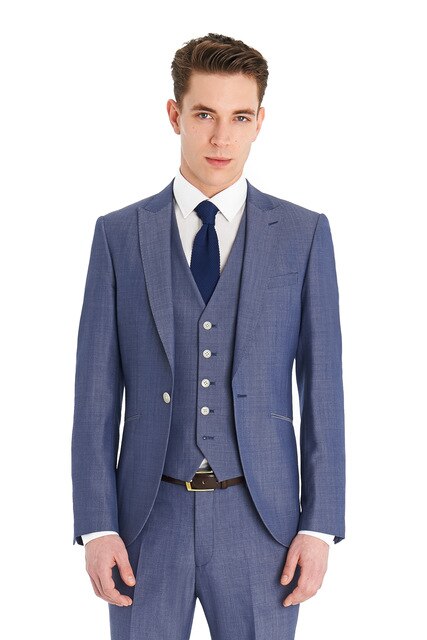 Light Blue Blazer Trousers Men's Suits 3 Pcs (Jacket+Pants+Vest+Tie) Formal Classic