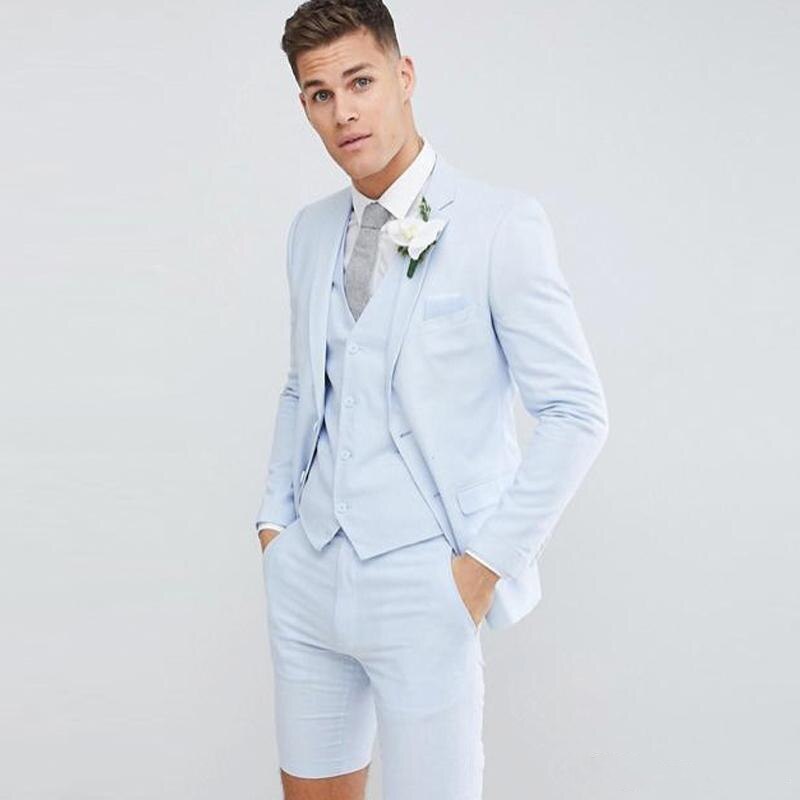 Light Blue Jacket Black Vest Short Pants Costume Homme Men Suits Wedding Slim Fit Tuxedo Business Blazer Trousers