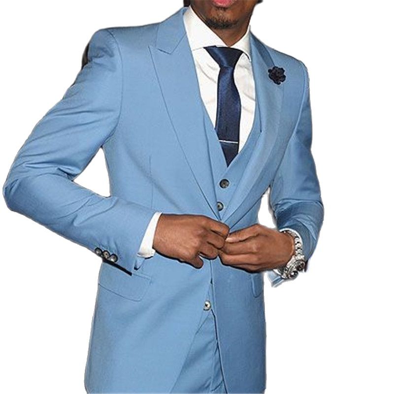 Light Blue Men Suits Prom Blazer Trousers 3 Pcs Jacket+Pants+Vest+Tie Dinner Party Wear Man's Custom Made