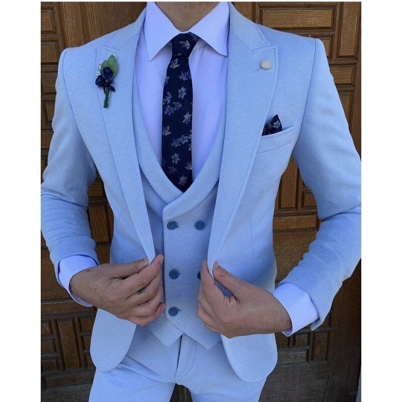 Light Blue Sim Fit Tailored Made Men's Suits Sets Tuxedos for Wedding Clothing Formal Wear 3pcs(Jacket+Pant+Vest)Blazer Trousers