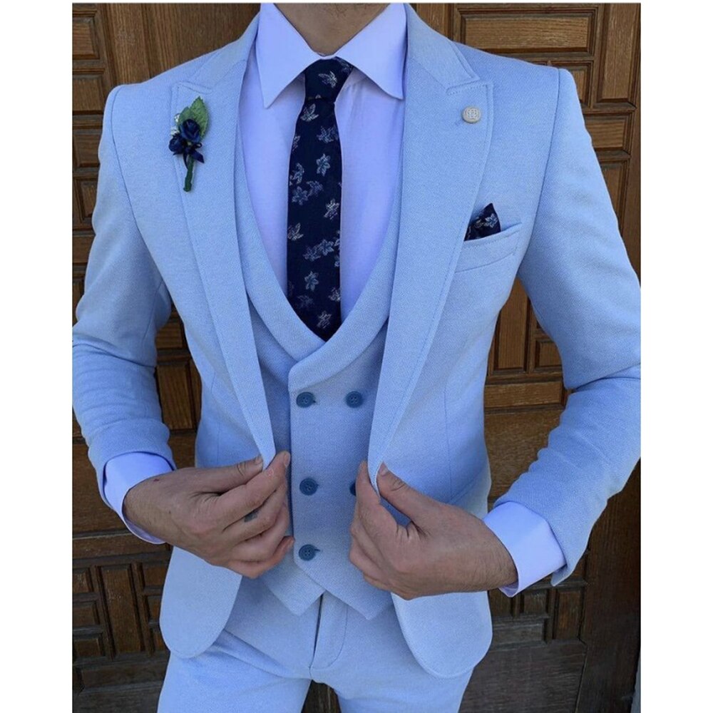 Light Blue Sim Fit Tailored Made Men's Suits Sets Tuxedos for Wedding Clothing Formal Wear 3pcs(Jacket+Pant+Vest)Blazer Trousers