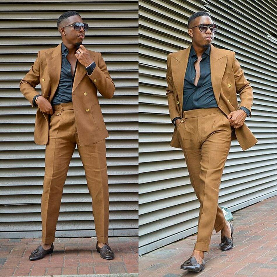 Light Brown Groom Wear Wedding Tuxedos Peaked Lapel men Business Formal Prom Best Man Blazer Suit 2 Pieces (Jacket+Pants)