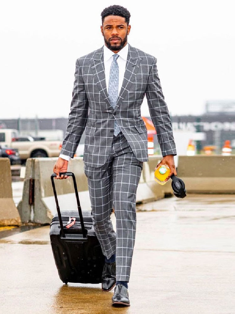 Traje gris claro para hombre, 2 piezas, blazer, pantalón, botonadura sencilla, solapa de pico, para negocios, a cuadros, ropa de trabajo, traje de novio para boda. 