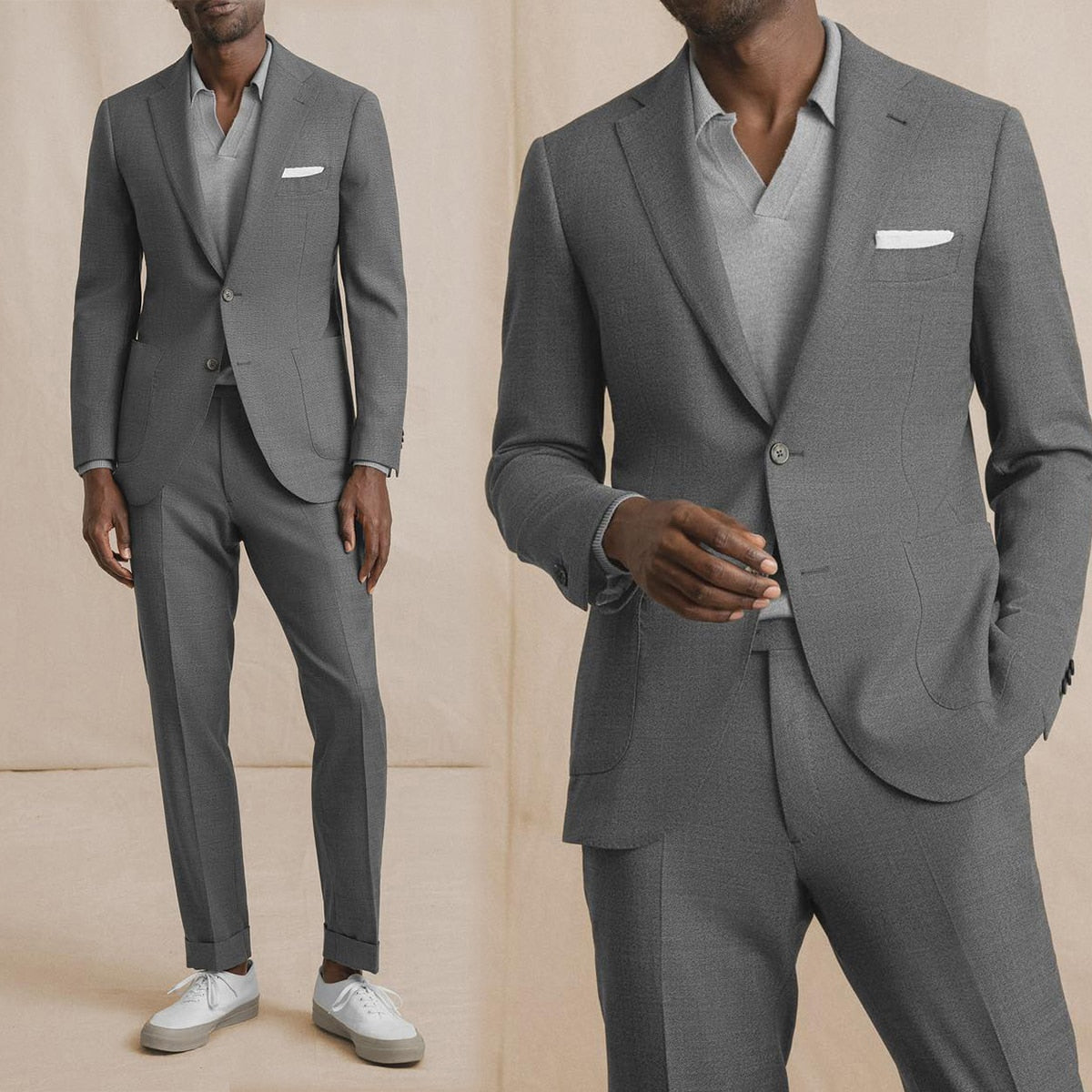 Traje gris claro para hombre, 2 piezas, blazer, pantalón, botonadura sencilla, solapa de pico, corte entallado, traje formal de boda para novio. 