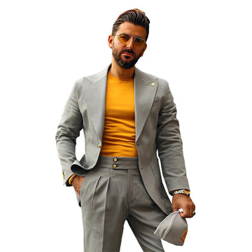 Light Gray men Pants Suit 2 Pieces Plus Size Groom Tuxedos Peaked Lapel Prom Party Blazer (Jacket+Pants)