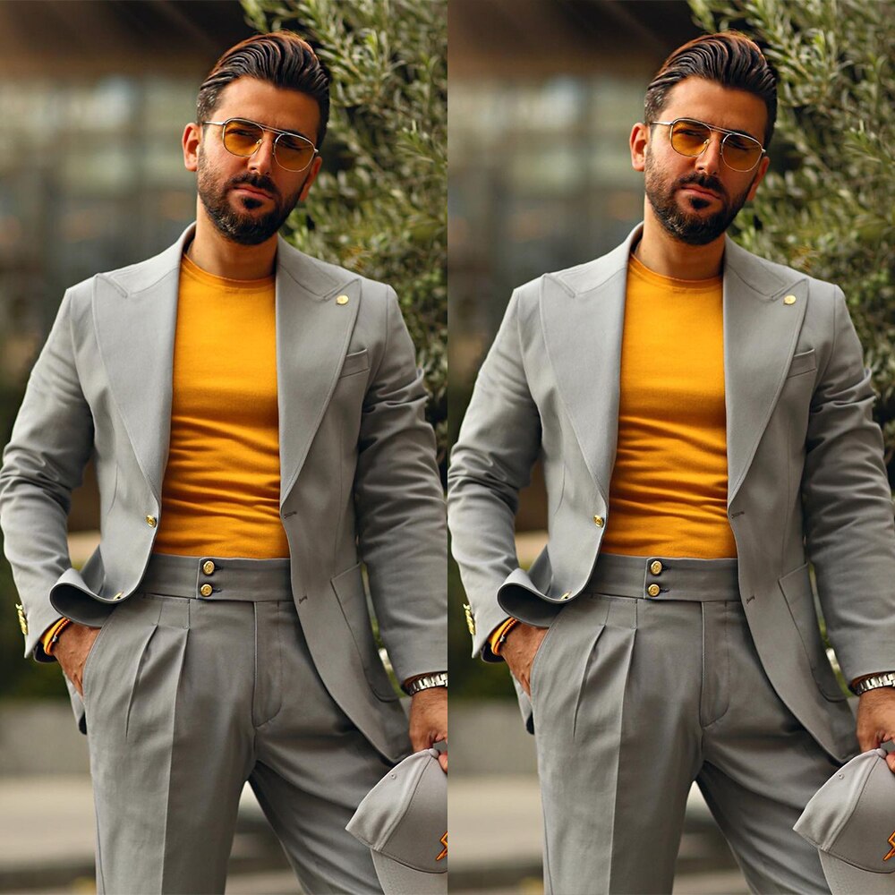 Costume 2 pièces gris clair pour homme, grande taille, smoking de marié, revers pointus, blazer de soirée (veste + pantalon) 
