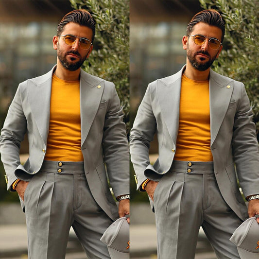 Light Gray men Pants Suit 2 Pieces Plus Size Groom Tuxedos Peaked Lapel Prom Party Blazer (Jacket+Pants)