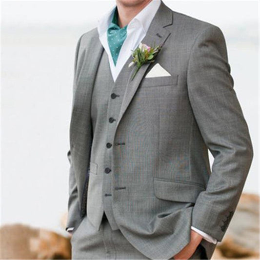 Light Gray Wool Men Suits For Wedding 3pcs Jacket+Pants+Vest Fashion Custom Made Groom Party Wear Blazer Trousers