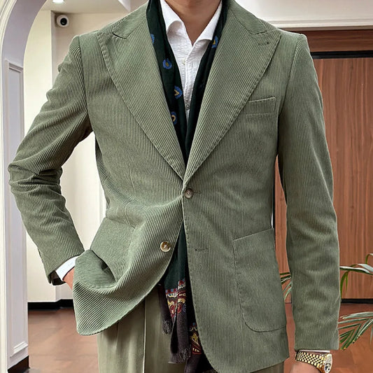 Blazers de pana verde claro para hombre, traje de caballero británico, blazer napolitano de alta calidad, traje de negocios para hombre.