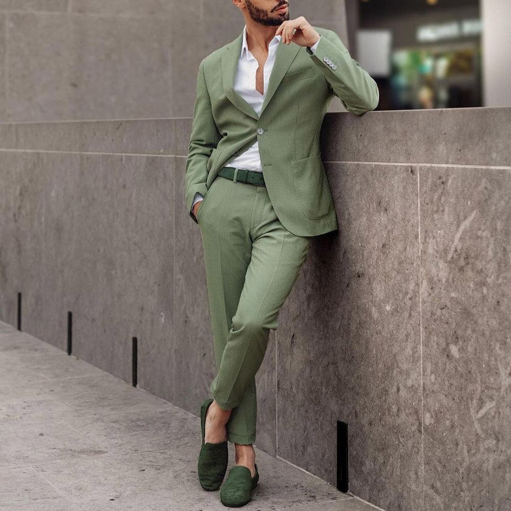 Light Green Notch Lapel Blazer Trousers Men Suits Tuxedo Prom Formal Wedding Pocket 2pcs Jacket Pants