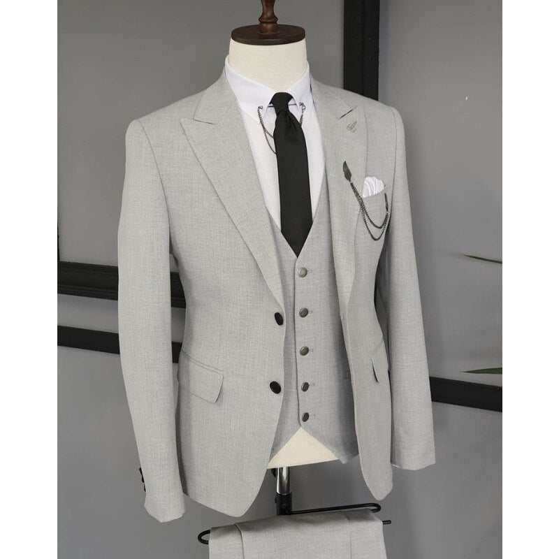 Trajes formales gris claro para hombre, 3 piezas (chaqueta, pantalón y chaleco), para boda, esmoquin de novio, corte entallado, para hombre 