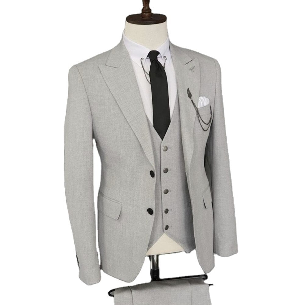 Trajes formales gris claro para hombre, 3 piezas (chaqueta, pantalón y chaleco), para boda, esmoquin de novio, corte entallado, para hombre 