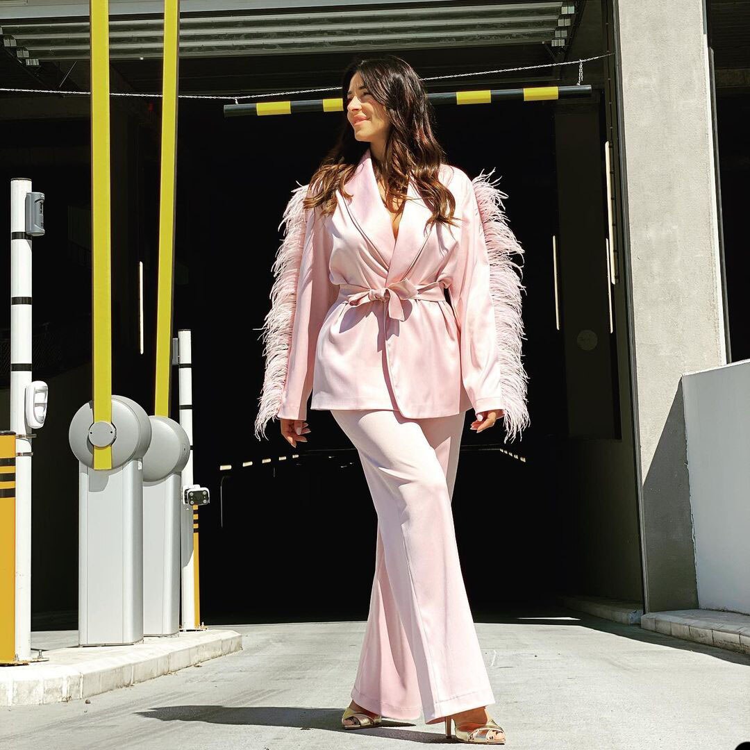 Light Pink Feather Women Blazer Suits Street Style Power Plus Size Evening Party Formal Outfit Wedding Wear 2 Pieces