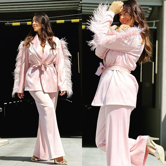 Blazer de plumas rosa claro para mujer, traje de estilo urbano, talla grande, para fiesta de noche, traje formal, ropa de boda, 2 piezas 