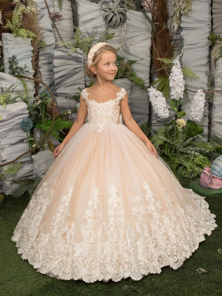 Flower Girl Dress Lace Appliques Ball Gown Blush Pink Tulle Kids Formal Wear