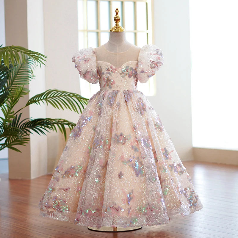 Girls' Sparkly Floral Tulle Ball Gown Party Dress with Puff Sleeves