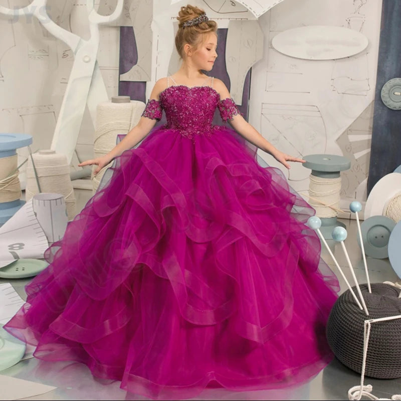 Girls Elegant Purple Ball Gown Off Shoulder Lace Appliques Layered Tulle Dress