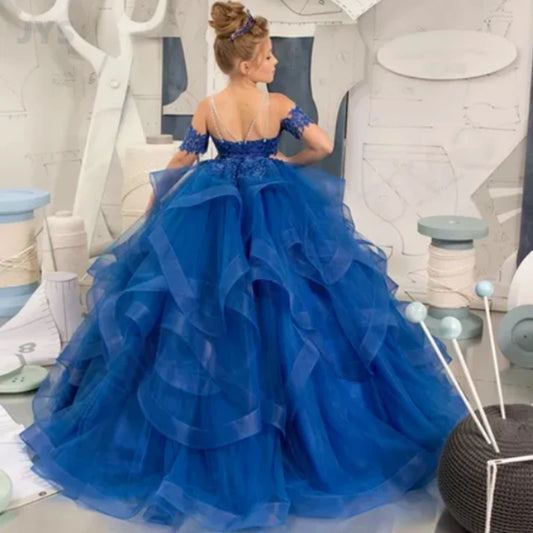 Vestido elegante de tul con capas y apliques de encaje morado para niñas con hombros descubiertos