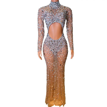 Stunning Luxury Crystal Pearl Cut-Out Long Dress for Women - Perfect for Evening Events, Prom, Birthdays, and Photo Shoots