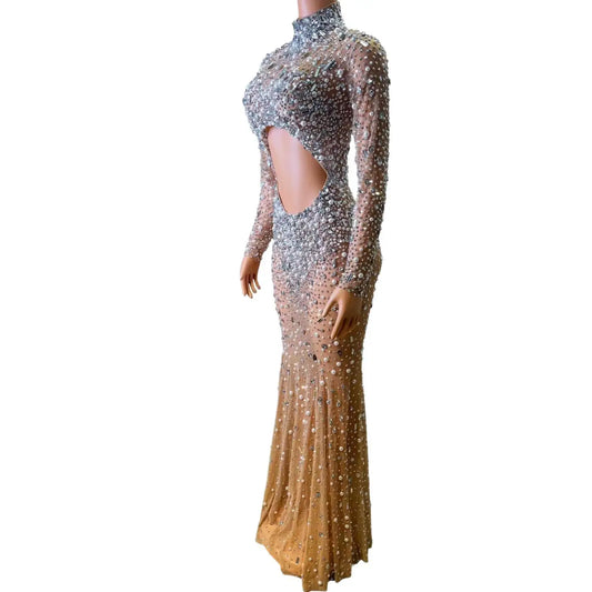 Stunning Luxury Crystal Pearl Cut-Out Long Dress for Women - Perfect for Evening Events, Prom, Birthdays, and Photo Shoots