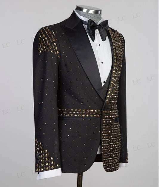 Traje de 3 piezas de lujo para hombre, con chaleco, pantalones y diamantes, esmoquin con abalorios, ropa de fiesta de alta costura, para boda, novio, talla grande, personalizado.