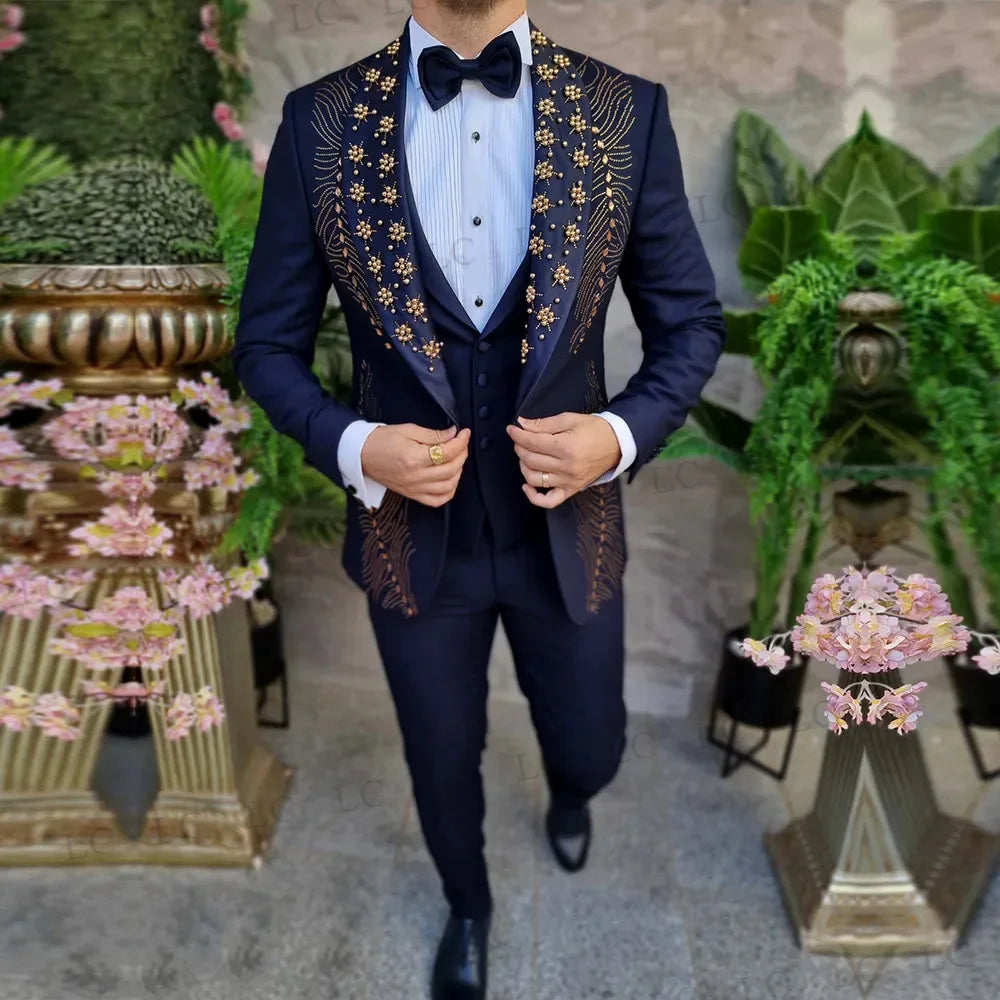 Elegante traje de esmoquin de 3 piezas con cuentas para hombre: conjunto de blazer, pantalón y chaleco formal para bodas, bailes de graduación y ocasiones especiales. Opciones de tallas grandes personalizadas disponibles.