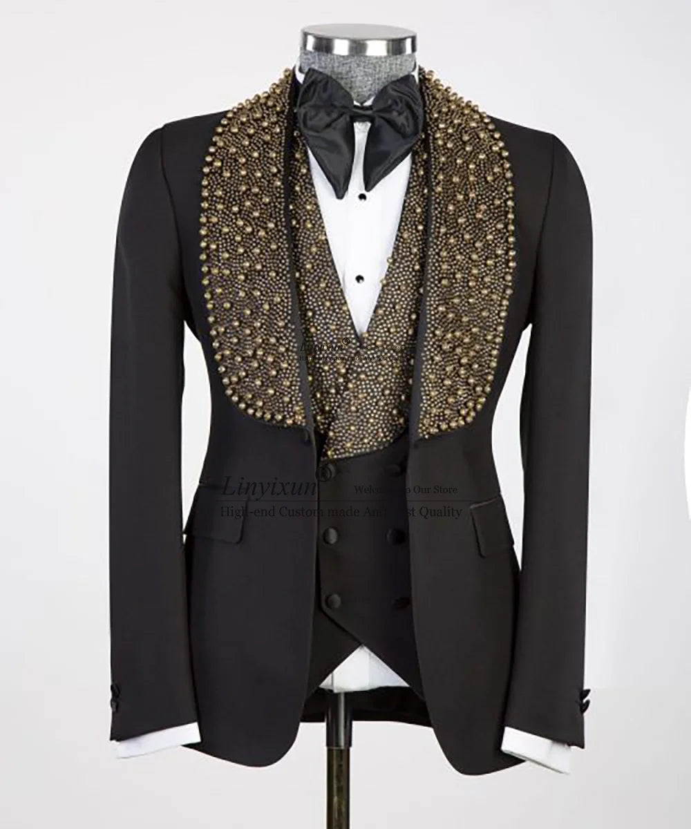 Men's Black Tuxedo Jacket with Gold Embellished Lapels and Bow Tie