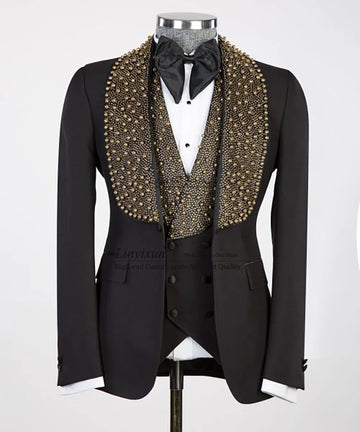 Men's Black Tuxedo Jacket with Gold Embellished Lapels and Bow Tie