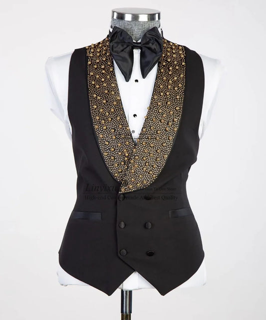 Men's Black Tuxedo Jacket with Gold Embellished Lapels and Bow Tie