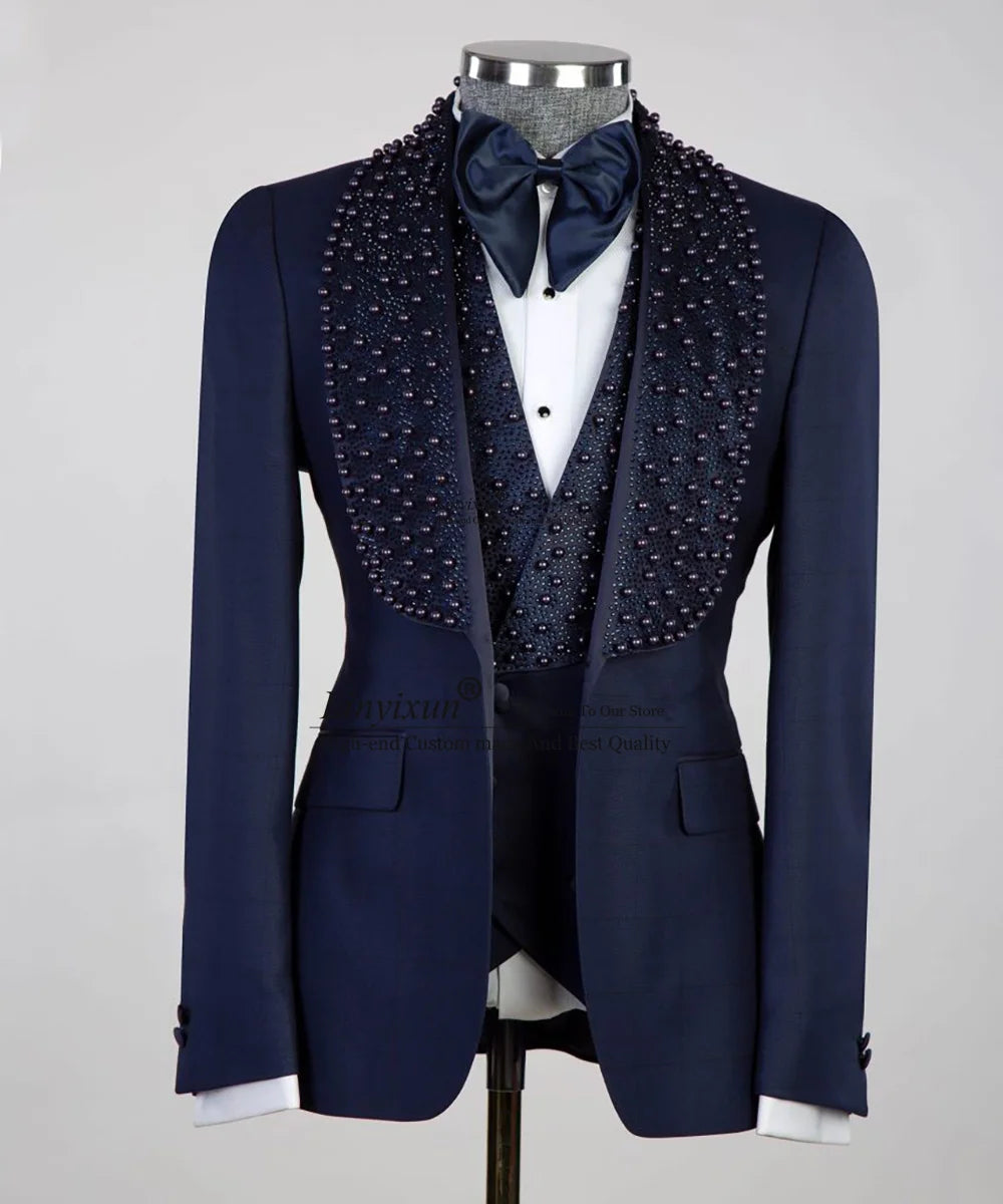Costume 3 pièces pour homme, luxueux, avec ornements de bijoux, smoking, costume de mariage, dîner, soirée, châle, bal de promo, blazer 