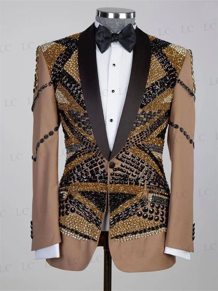 Costume de luxe pour homme, une pièce, blazer, perles, diamants, cristaux, revers transparent, smoking de fête, mariage, marié, grande taille, sur mesure