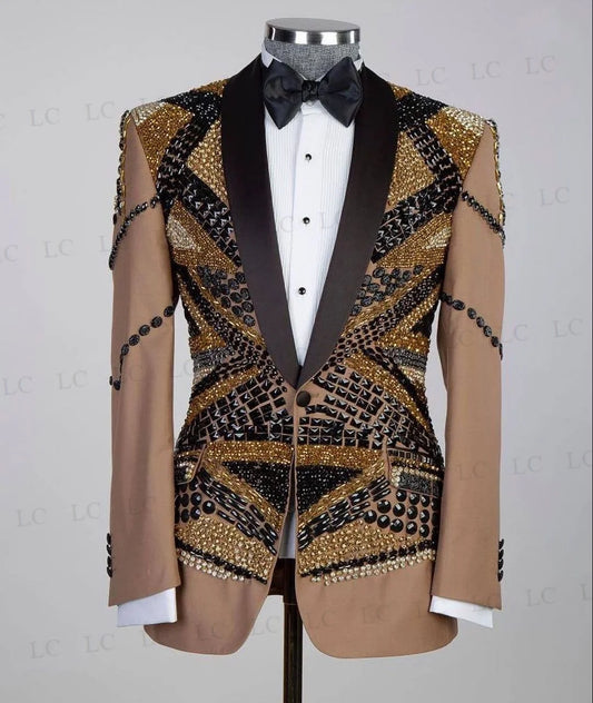 Costume de luxe pour homme, une pièce, blazer, perles, diamants, cristaux, revers transparent, smoking de fête, mariage, marié, grande taille, sur mesure