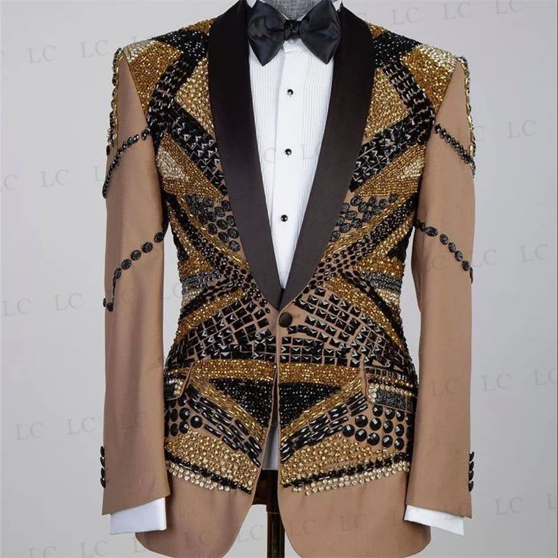 Trajes de lujo para hombre, blazer de una pieza con abalorios, diamantes y cristales, solapa transparente, esmoquin para fiesta, boda, novio, talla grande, hecho a medida