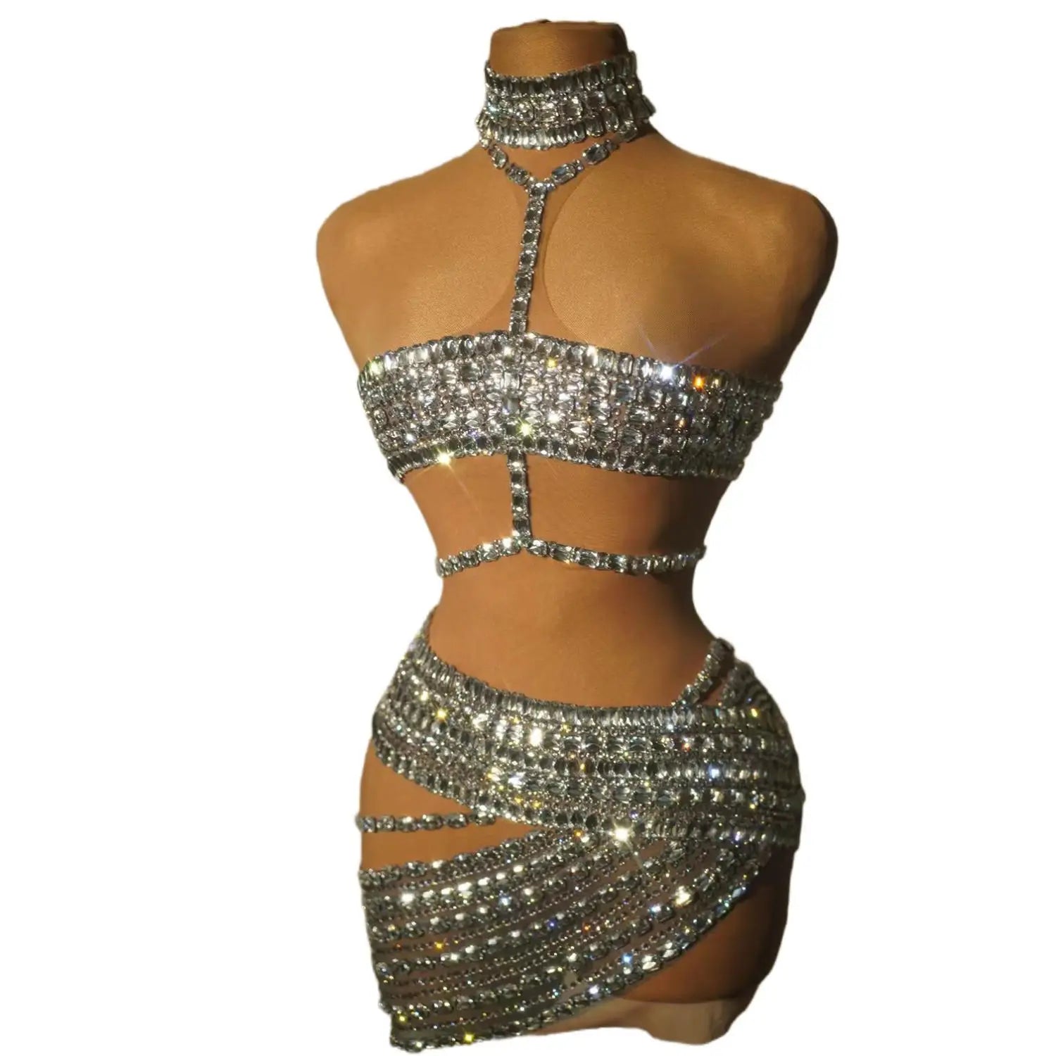 Luxurious Rhinestones Sexy Hollow Out Backless Transparent Short Dress Women Birthday Evening Celebrate Party Dresses