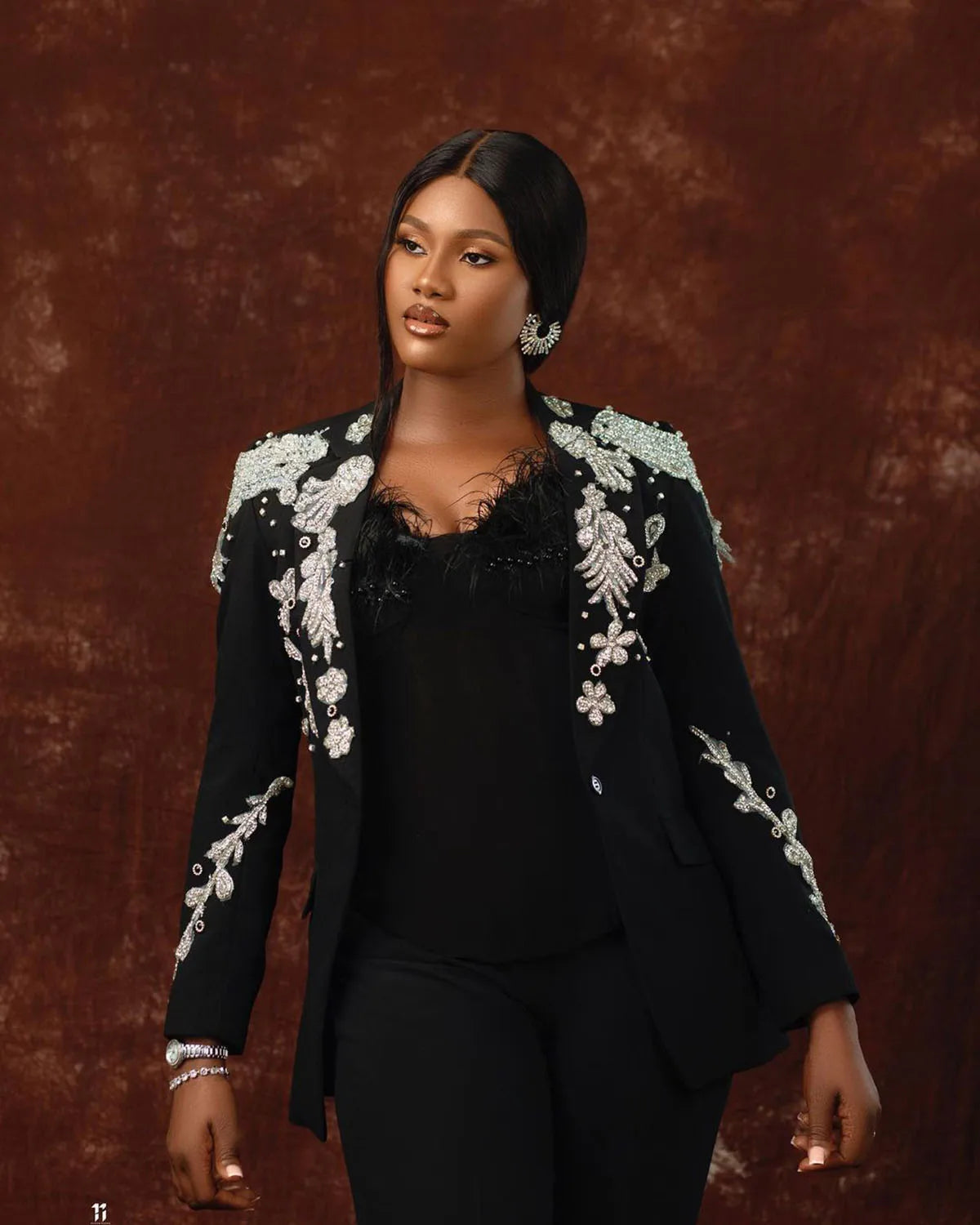 Ensemble 2 pièces luxueux pour femme, veste, pantalon, revers pointu, perles, cristal, blazer, un bouton, grande taille, robes de tous les jours, grande taille