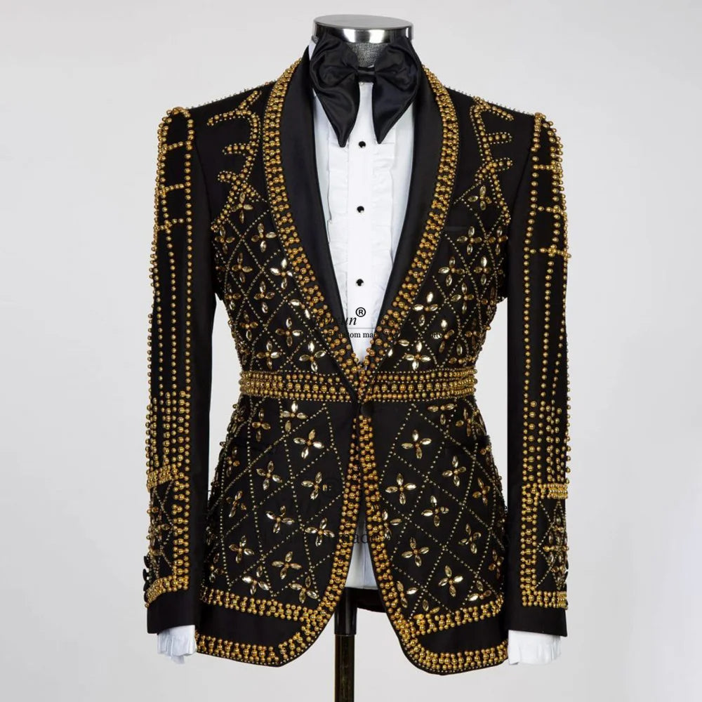 Trajes de hombre de lujo con cuentas de cristal, esmoquin de novio de corte entallado, conjuntos de 2 piezas, blazers de graduación para novio 