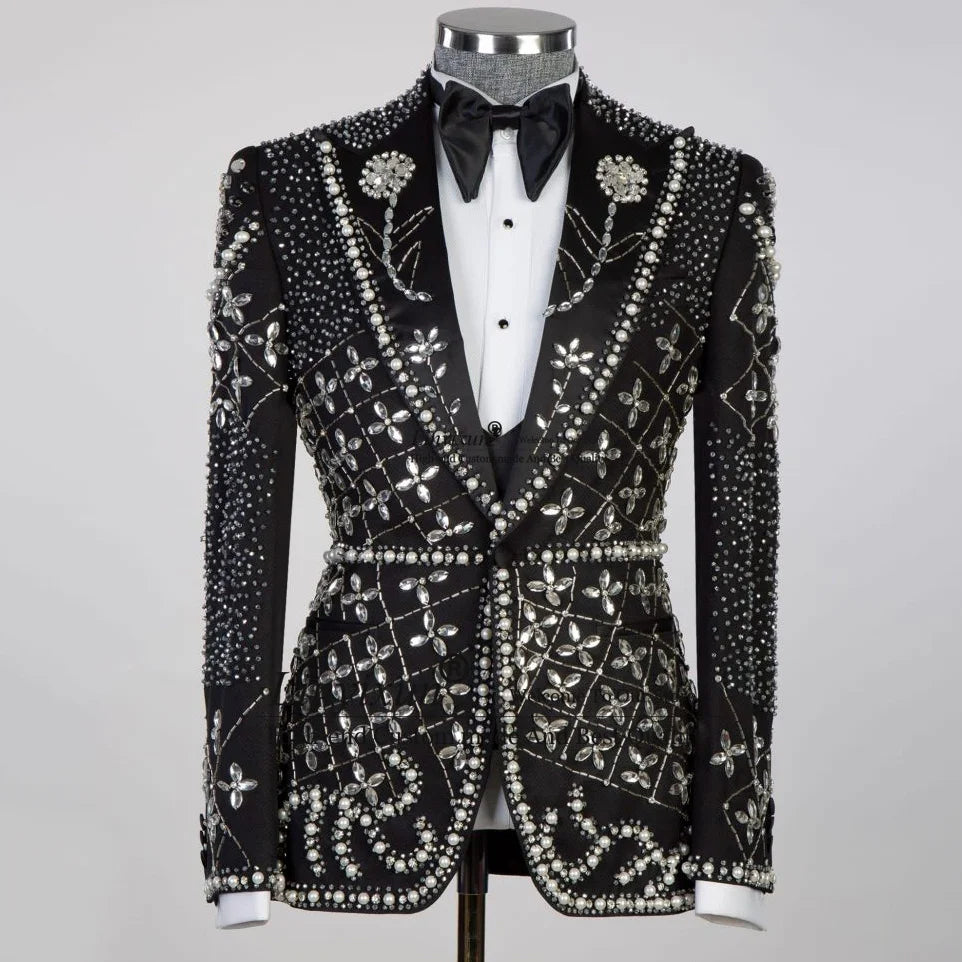 Trajes de hombre de lujo con cuentas de cristal, esmoquin de novio de corte entallado, conjuntos de 2 piezas, blazers de graduación para novio 