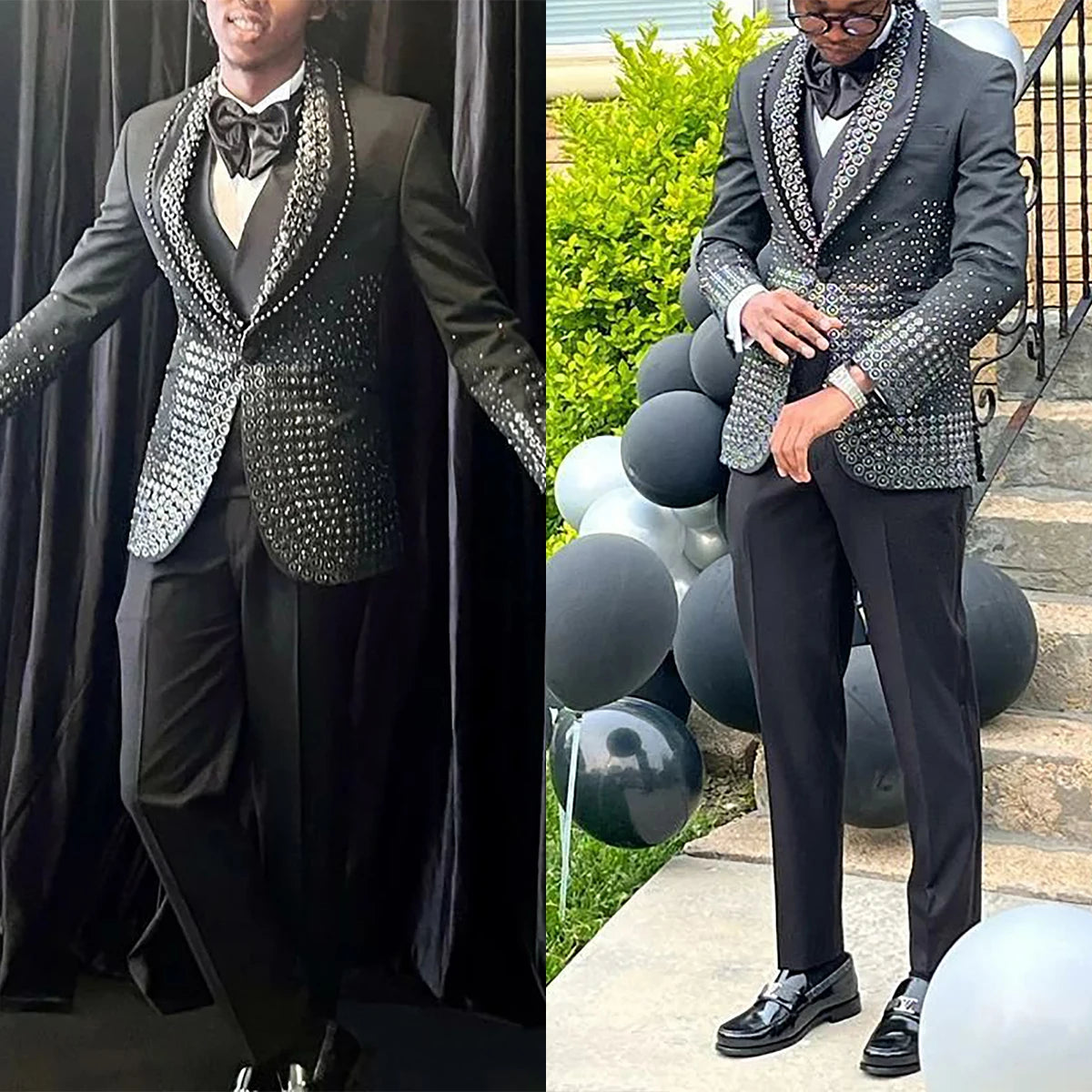 Stylish Black Beaded Tuxedo Suit for Men with Shawl Lapel, Slim Fit 2-Piece Blazer and Pants for Weddings and Formal Events