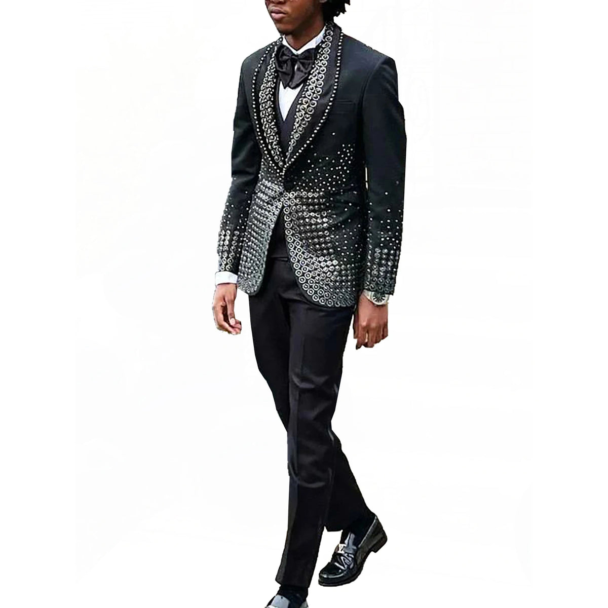 Smoking de luxe noir perlé pour homme, coupe slim, col châle et applications élégantes – Parfait pour les mariages, les bals de fin d'année et les événements formels